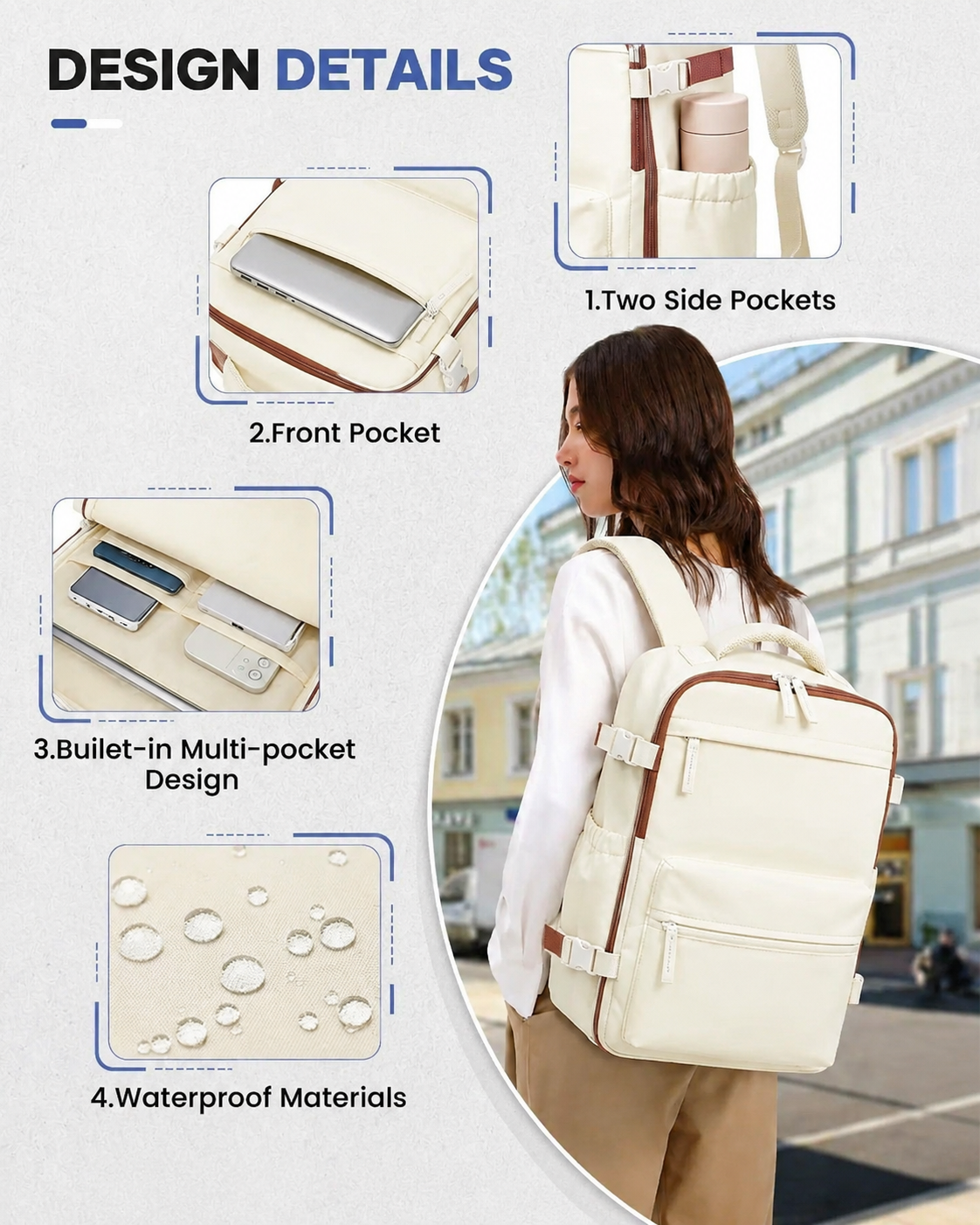 Hand Luggage 40x30x20 Beige Backpack – Lightweight & Approved for All Airlines
